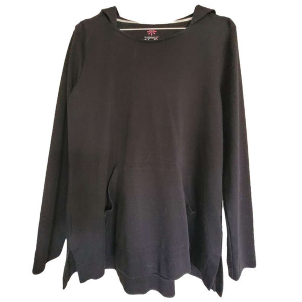 Isaac Mizrah Live Black Long Sleeve Side Slits Pullover Tunic Relaxed Fit Hoodie